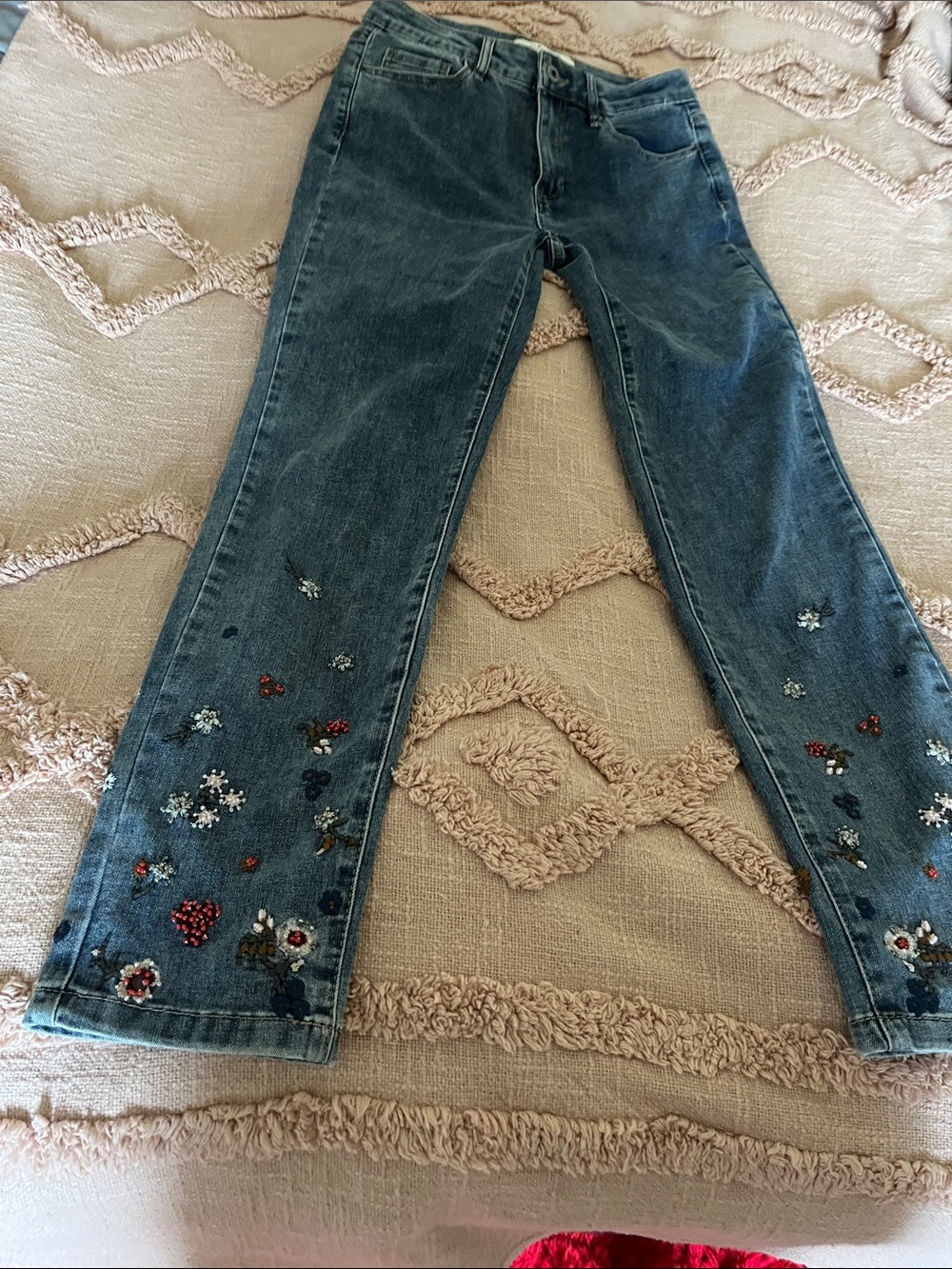CHARLIE B Mid-Blue Straight-Leg Jeans with Floral Bead Embellishments